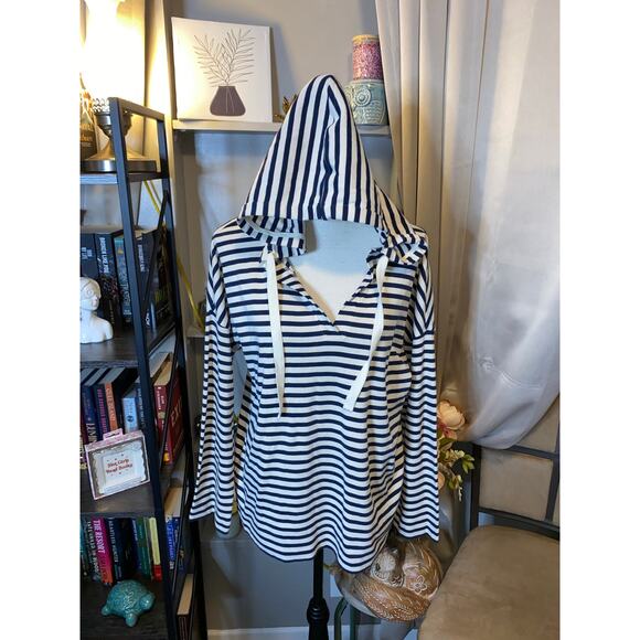 Lou & Grey Tops - Lou & Grey Womens Small Striped Hoodie Organic Cotton NWT Navy White $69.50